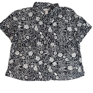 Christopher & Banks Shirt Womens‎ Large Black White Floral Flocked Button Front